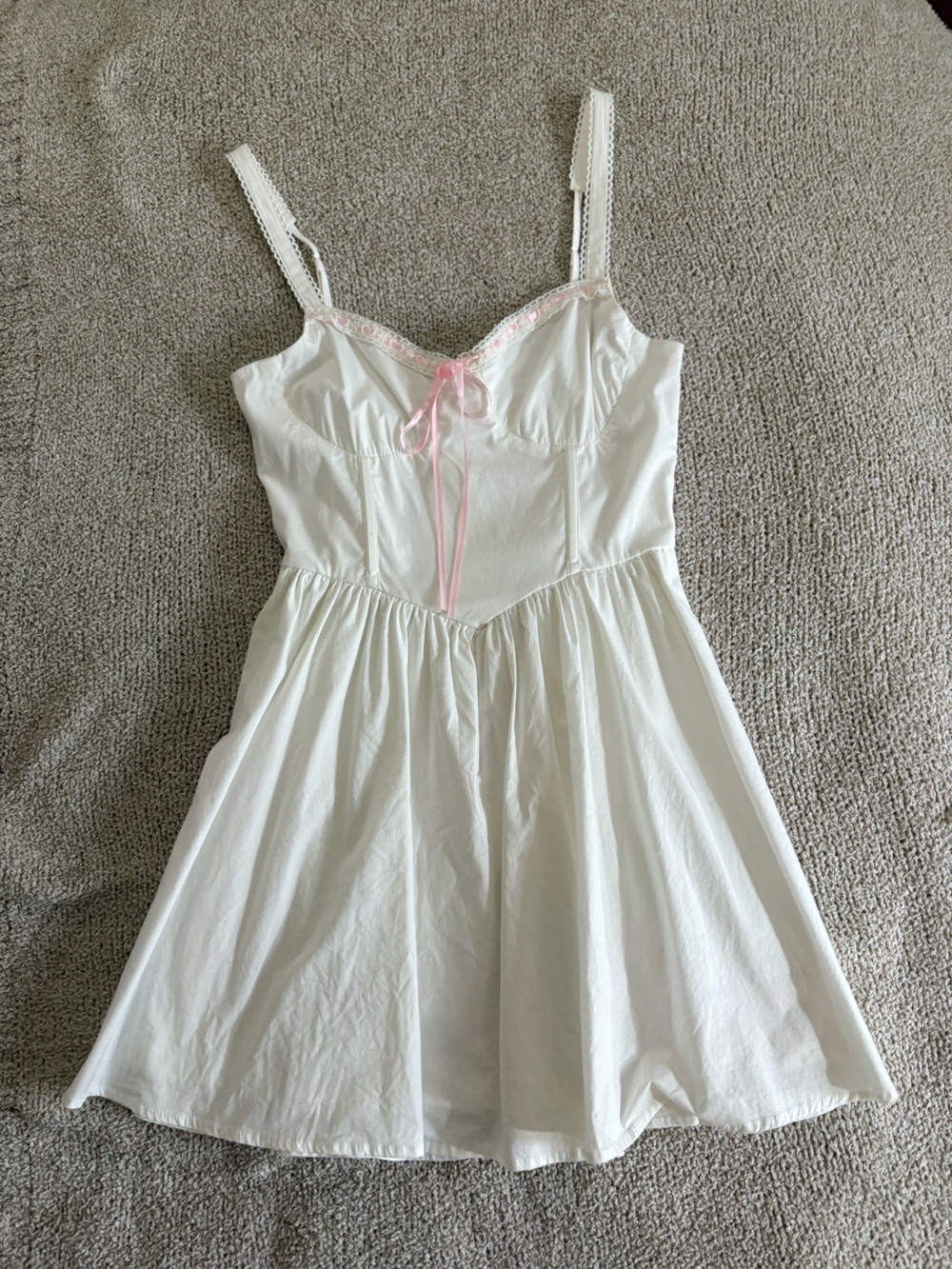 Altar'd State White Sundress with Pink Ribbon & Lace Trim